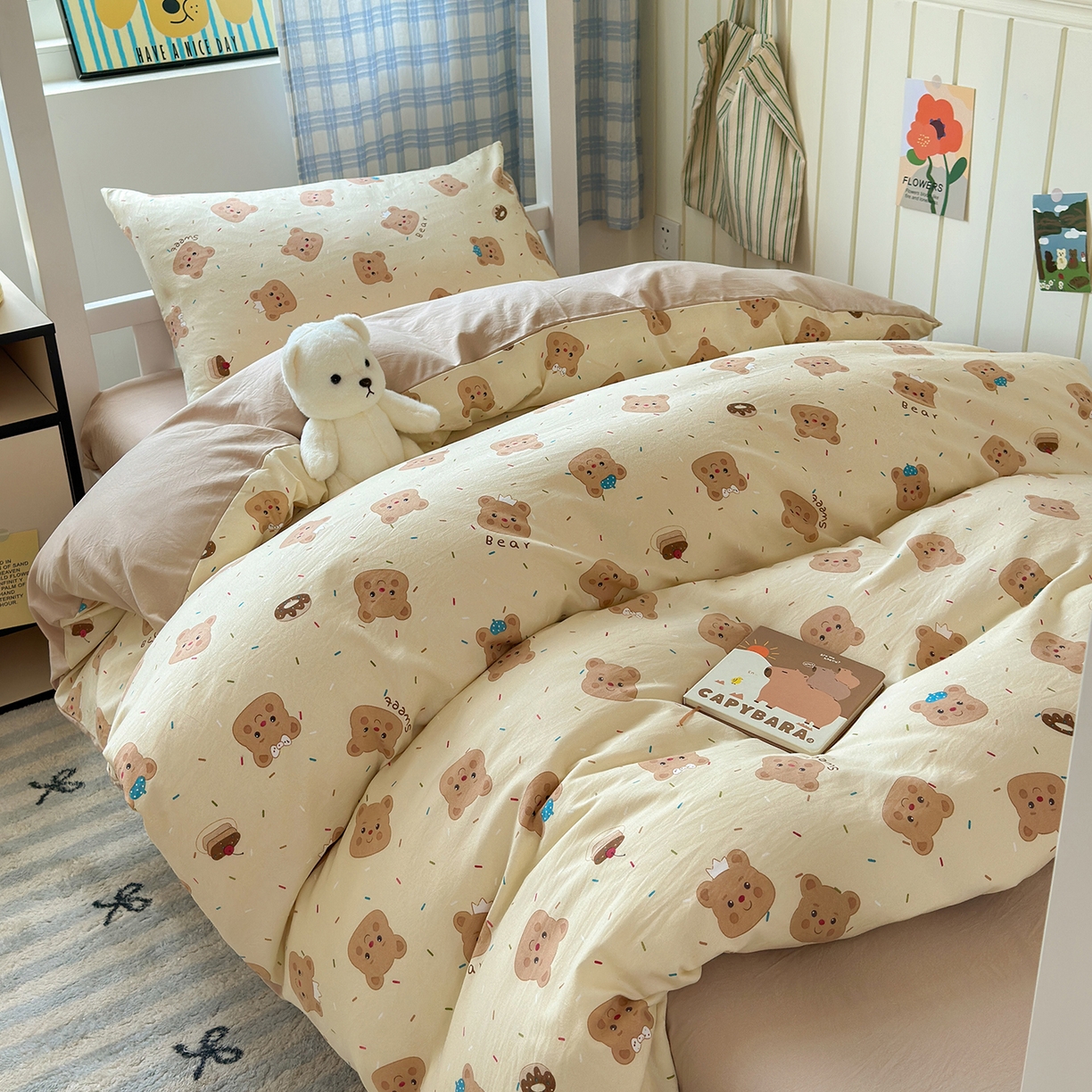 91家纺网 家纺一手货源 找家纺 沐芷 2025 开学季学生宿舍三件套 水洗棉四件套被套床单 黄油小熊