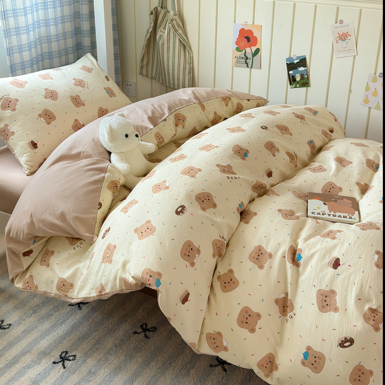 91家纺网 家纺一手货源 找家纺 沐芷 2025 开学季学生宿舍三件套 水洗棉四件套被套床单 黄油小熊