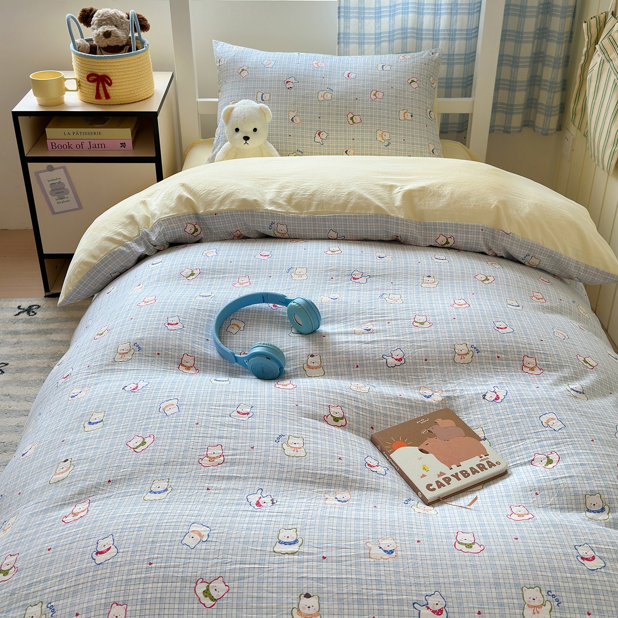 沐芷 2025 开学季学生宿舍三件套 水洗棉四件套被套床单 蓝格西高地