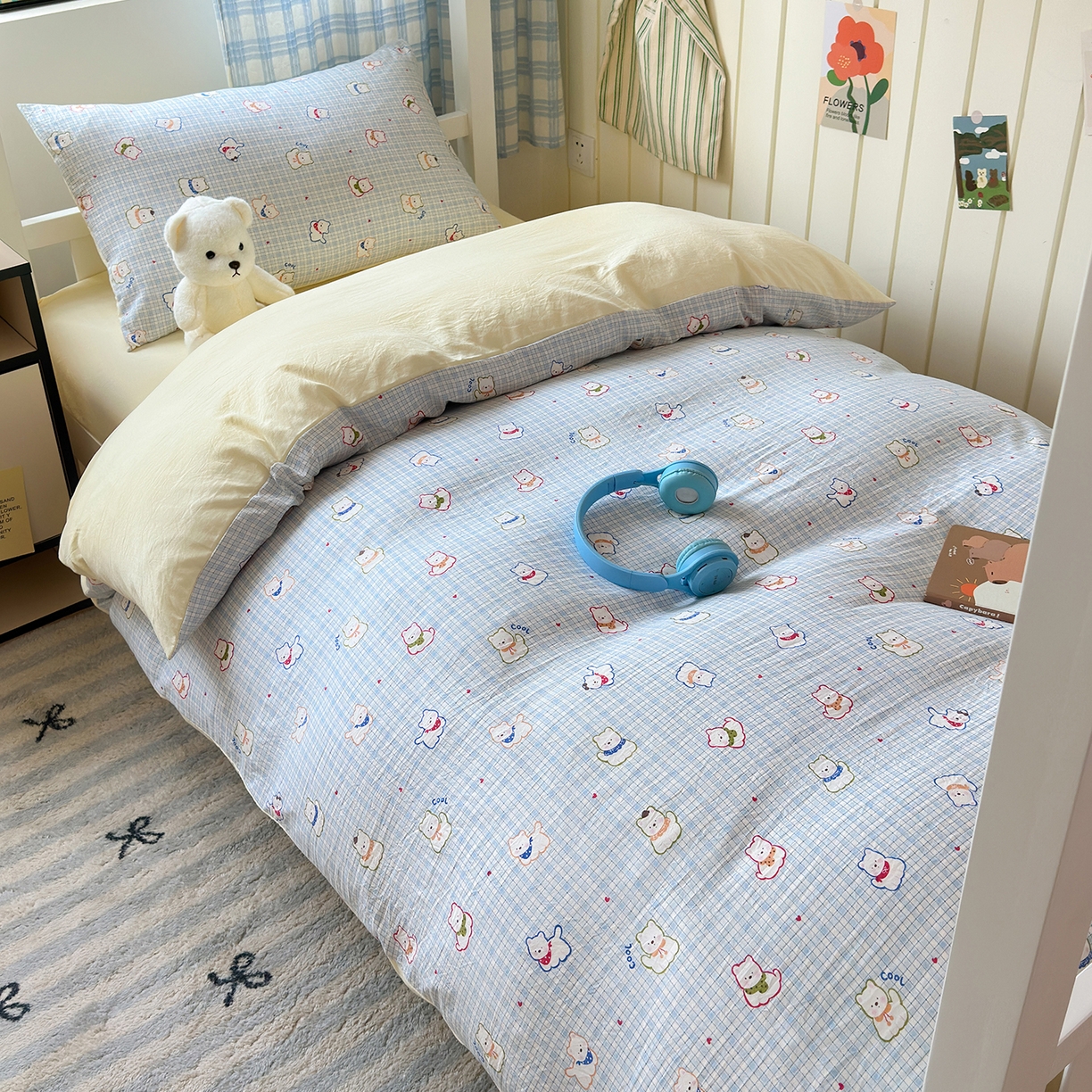 91家纺网 家纺一手货源 找家纺 沐芷 2025 开学季学生宿舍三件套 水洗棉四件套被套床单 蓝格西高地