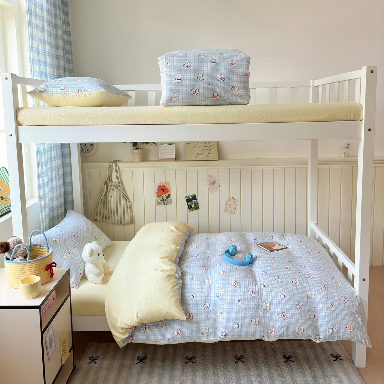 91家纺网 家纺一手货源 找家纺 沐芷 2025 开学季学生宿舍三件套 水洗棉四件套被套床单 蓝格西高地