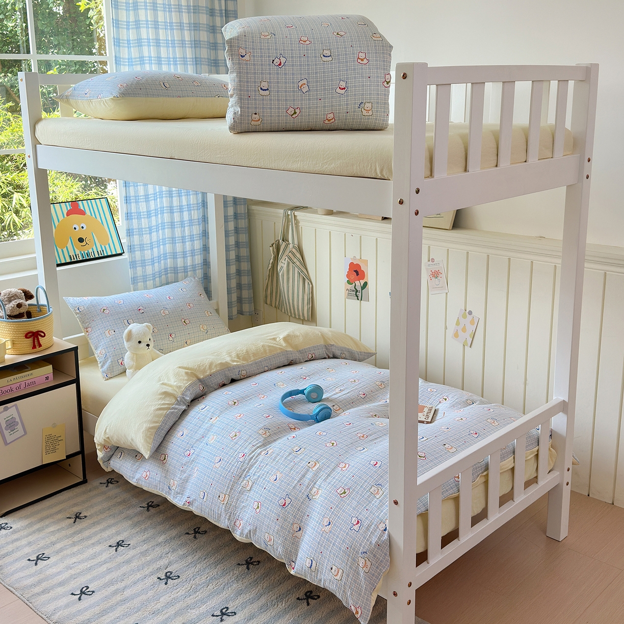 91家纺网 家纺一手货源 找家纺 沐芷 2025 开学季学生宿舍三件套 水洗棉四件套被套床单 蓝格西高地