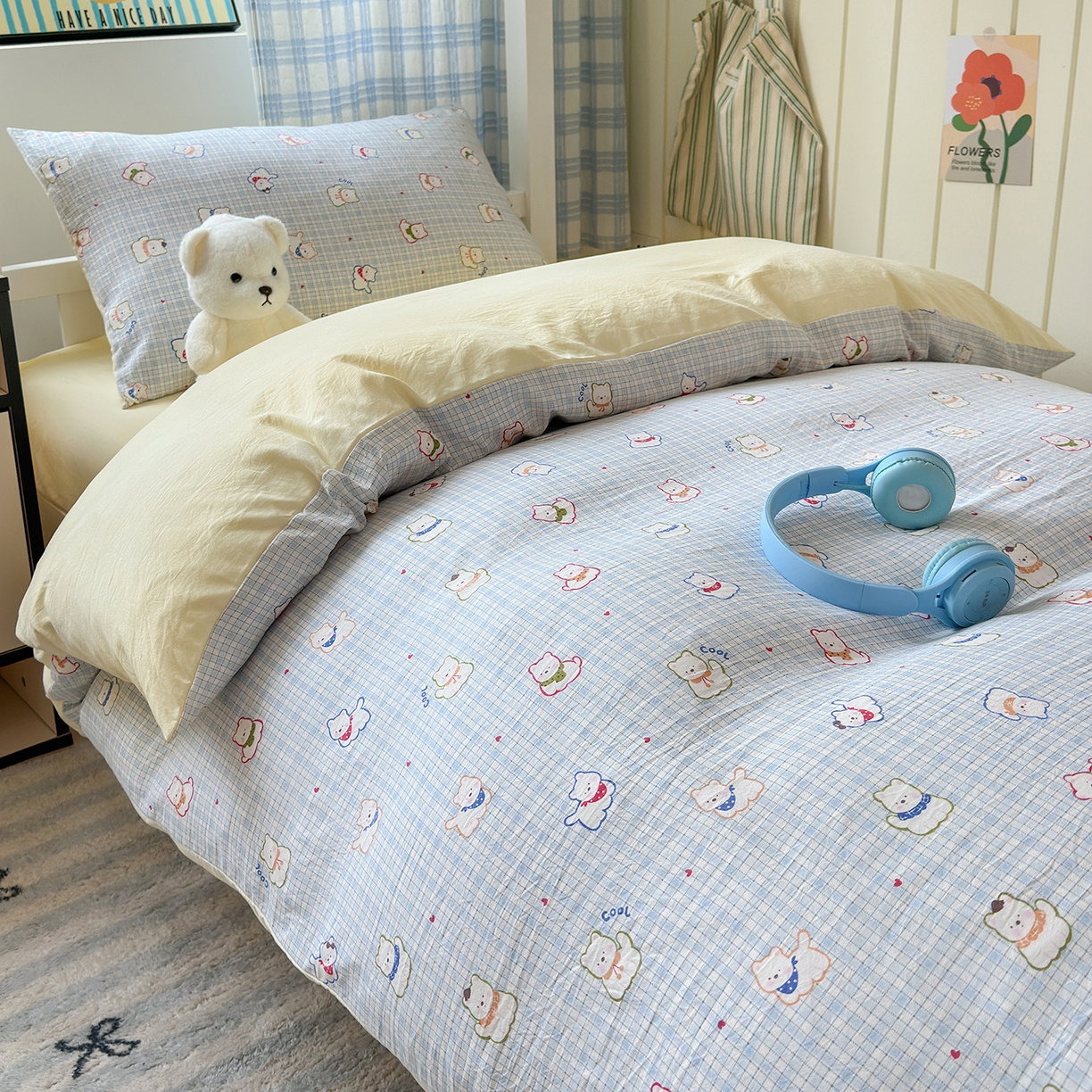 91家纺网 家纺一手货源 找家纺 沐芷 2025 开学季学生宿舍三件套 水洗棉四件套被套床单 蓝格西高地