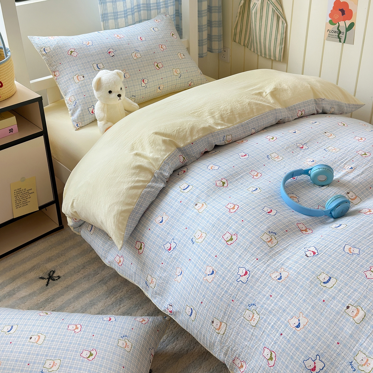 91家纺网 家纺一手货源 找家纺 沐芷 2025 开学季学生宿舍三件套 水洗棉四件套被套床单 蓝格西高地