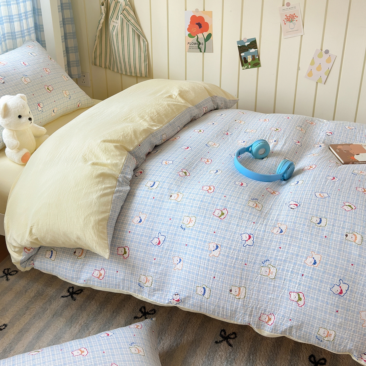 91家纺网 家纺一手货源 找家纺 沐芷 2025 开学季学生宿舍三件套 水洗棉四件套被套床单 蓝格西高地