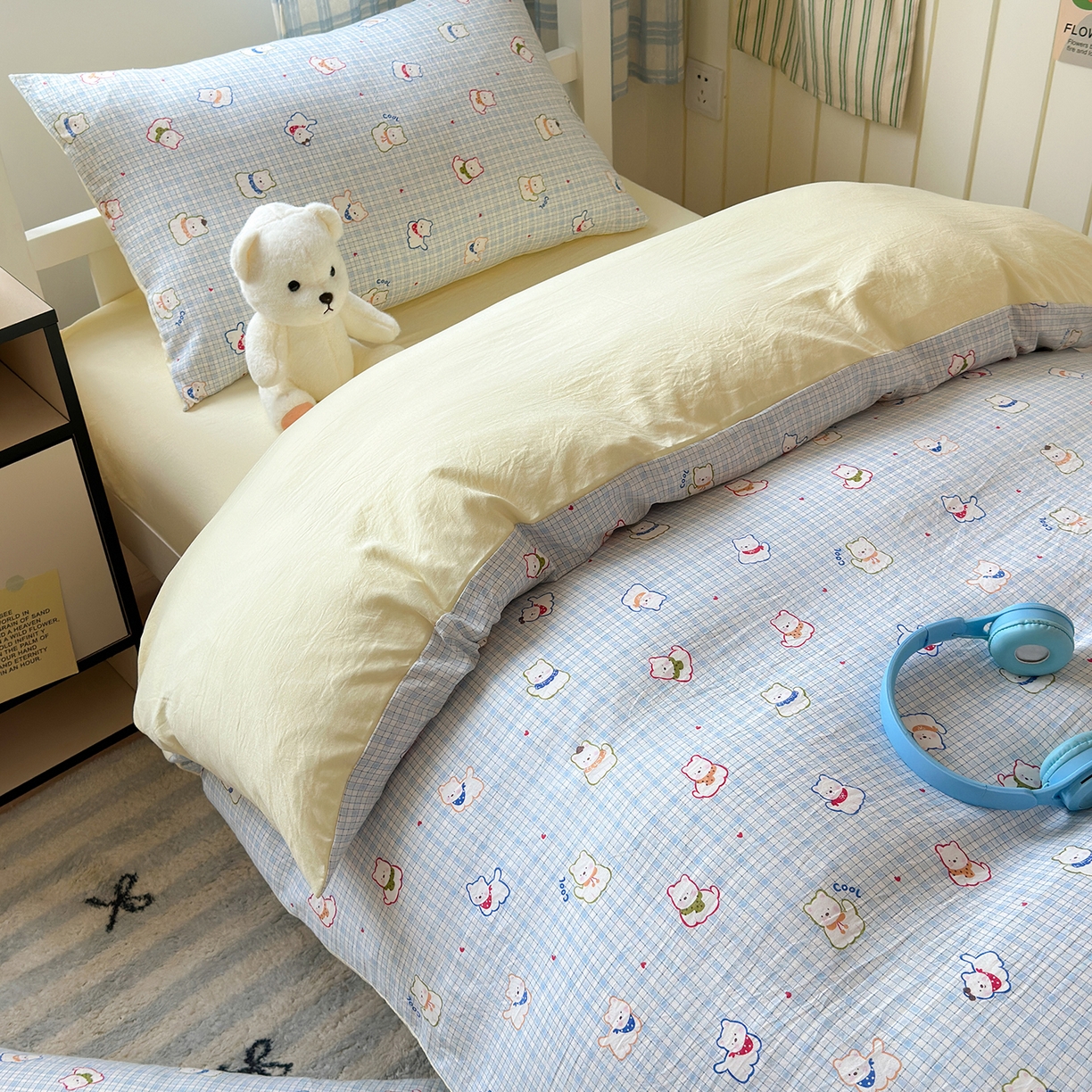 91家纺网 家纺一手货源 找家纺 沐芷 2025 开学季学生宿舍三件套 水洗棉四件套被套床单 蓝格西高地