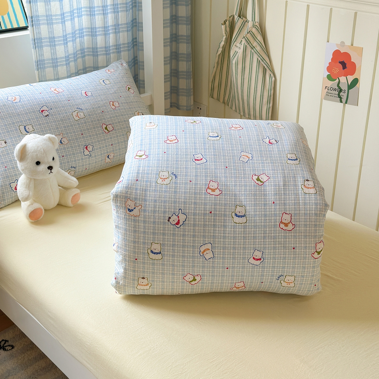 91家纺网 家纺一手货源 找家纺 沐芷 2025 开学季学生宿舍三件套 水洗棉四件套被套床单 蓝格西高地