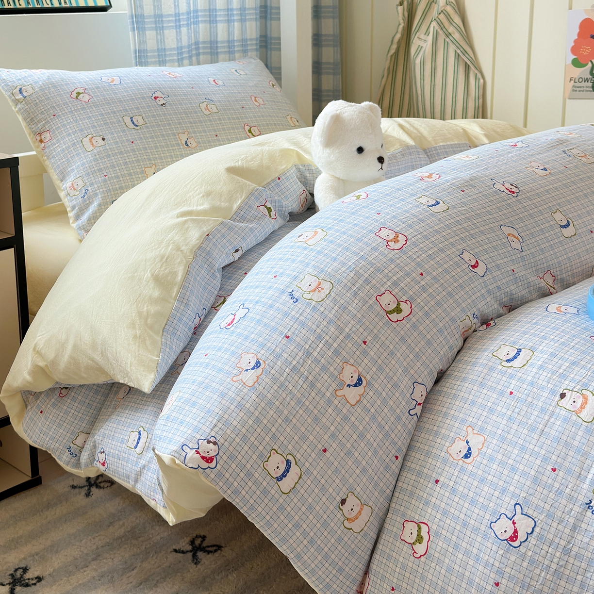 91家纺网 家纺一手货源 找家纺 沐芷 2025 开学季学生宿舍三件套 水洗棉四件套被套床单 蓝格西高地