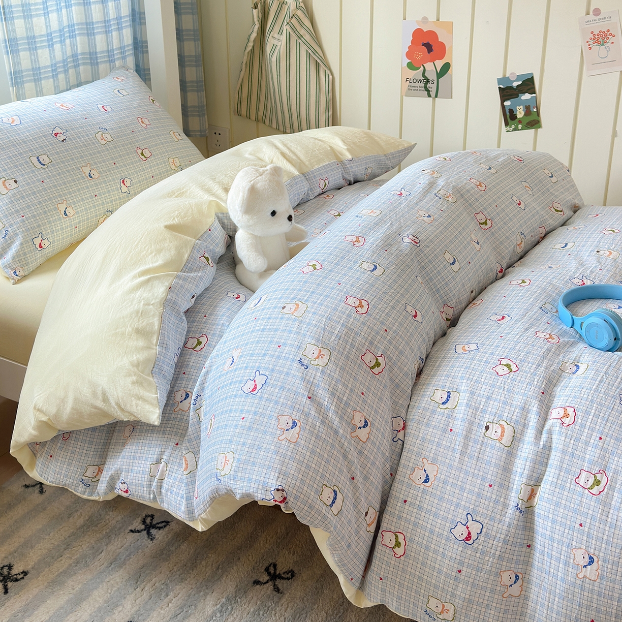 91家纺网 家纺一手货源 找家纺 沐芷 2025 开学季学生宿舍三件套 水洗棉四件套被套床单 蓝格西高地