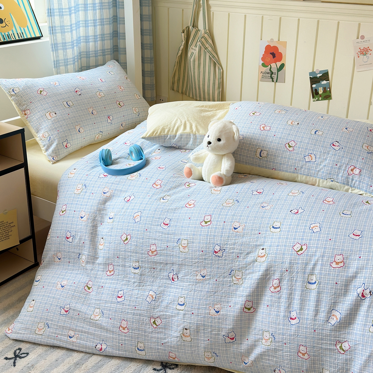 91家纺网 家纺一手货源 找家纺 沐芷 2025 开学季学生宿舍三件套 水洗棉四件套被套床单 蓝格西高地