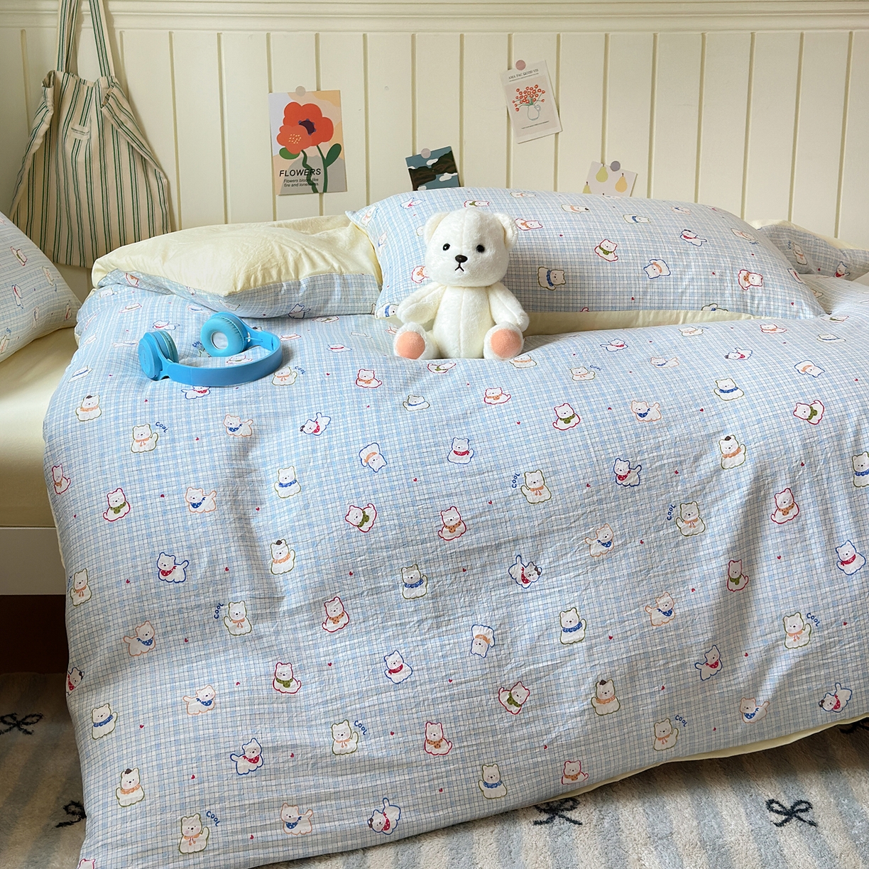 91家纺网 家纺一手货源 找家纺 沐芷 2025 开学季学生宿舍三件套 水洗棉四件套被套床单 蓝格西高地