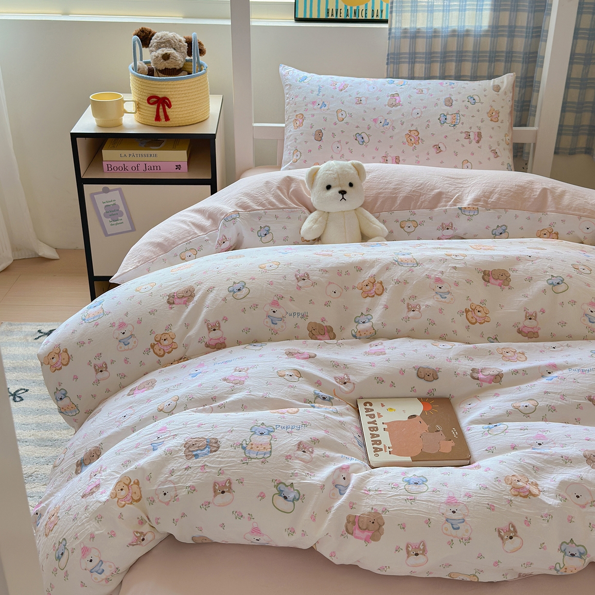 91家纺网 家纺一手货源 找家纺 沐芷 2025 开学季学生宿舍三件套 水洗棉四件套被套床单 萌狗花花