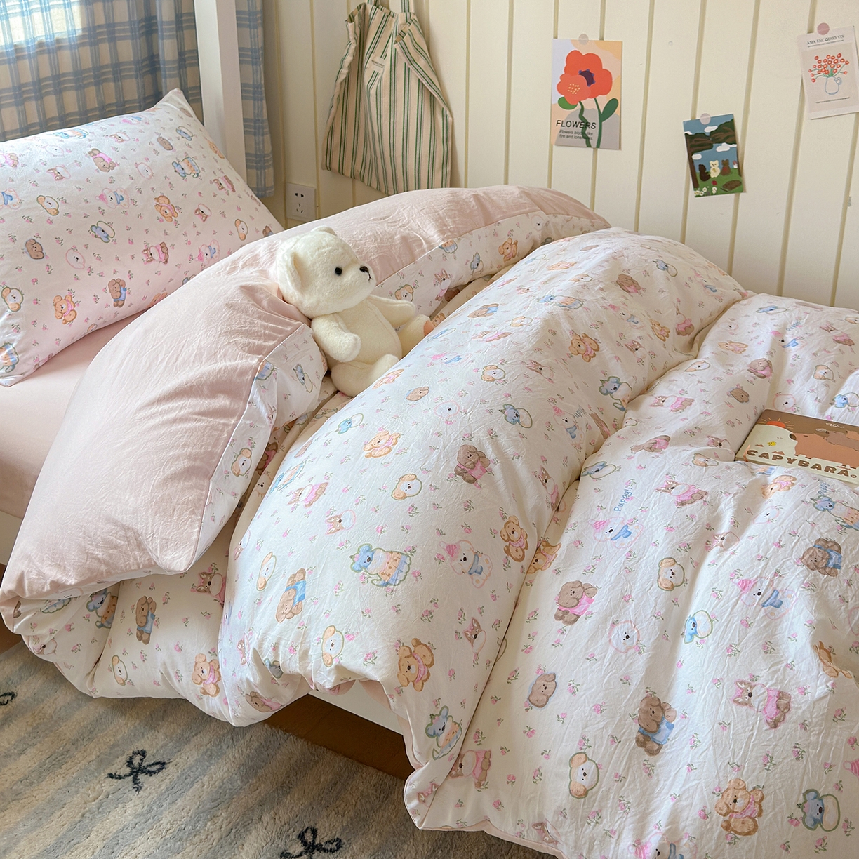 91家纺网 家纺一手货源 找家纺 沐芷 2025 开学季学生宿舍三件套 水洗棉四件套被套床单 萌狗花花