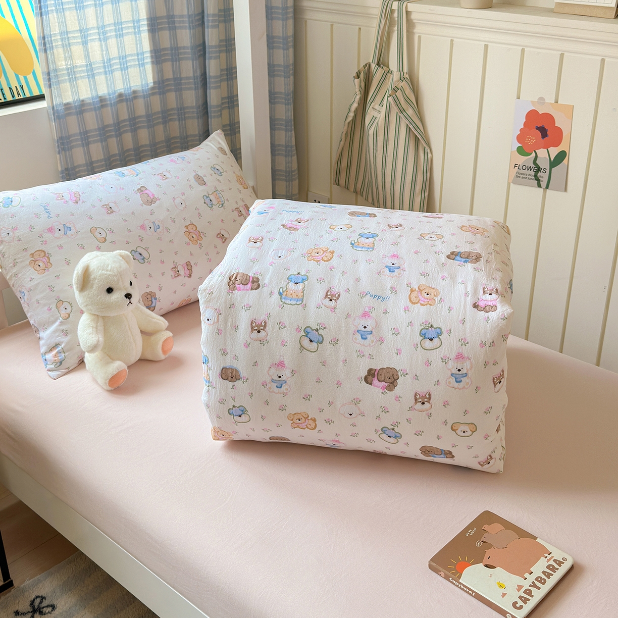 91家纺网 家纺一手货源 找家纺 沐芷 2025 开学季学生宿舍三件套 水洗棉四件套被套床单 萌狗花花