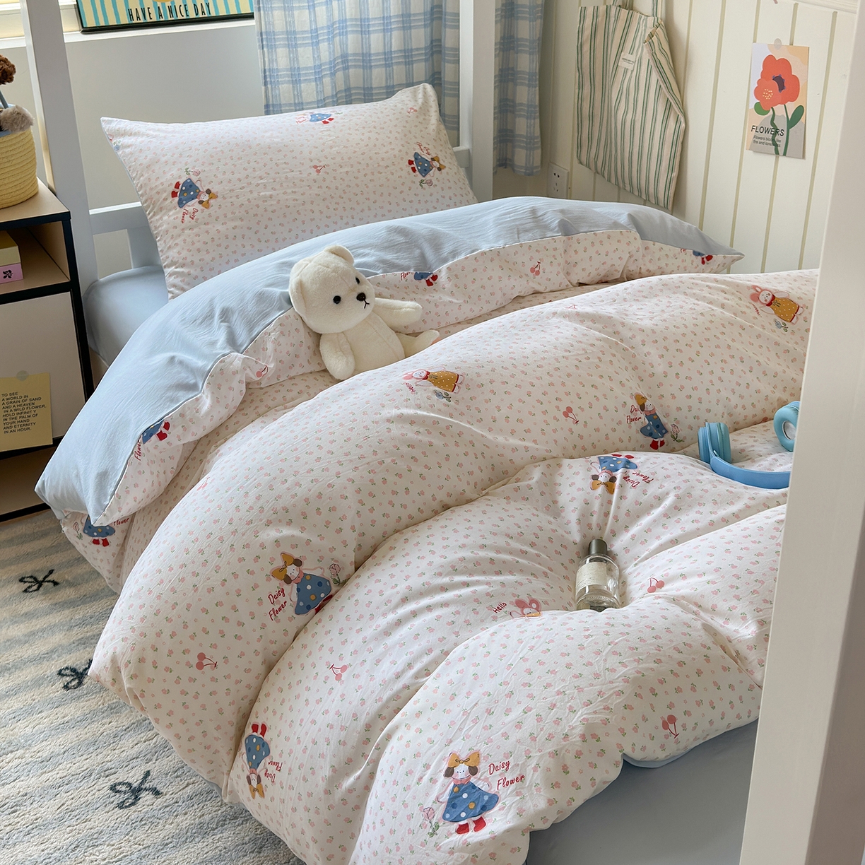 91家纺网 家纺一手货源 找家纺 沐芷 2025 开学季学生宿舍三件套 水洗棉四件套被套床单 甜心派派