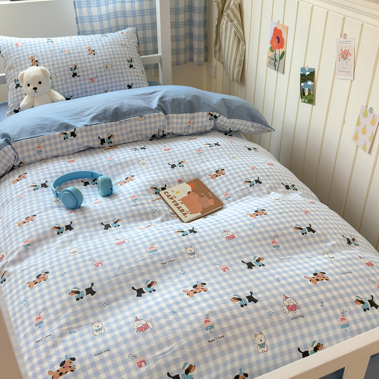 91家纺网 家纺一手货源 找家纺 沐芷 2025 开学季学生宿舍三件套 水洗棉四件套被套床单 汪星蓝町