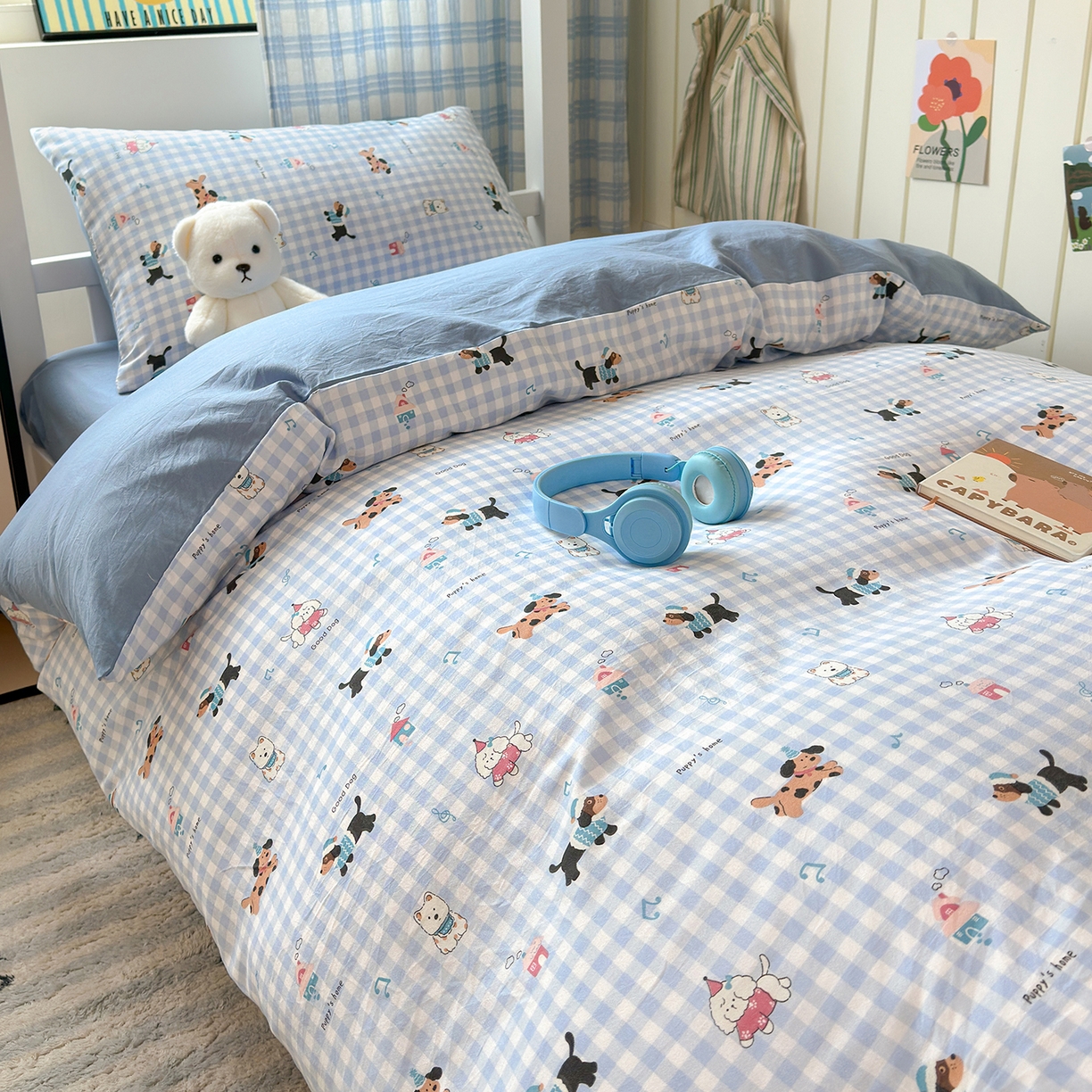 91家纺网 家纺一手货源 找家纺 沐芷 2025 开学季学生宿舍三件套 水洗棉四件套被套床单 汪星蓝町