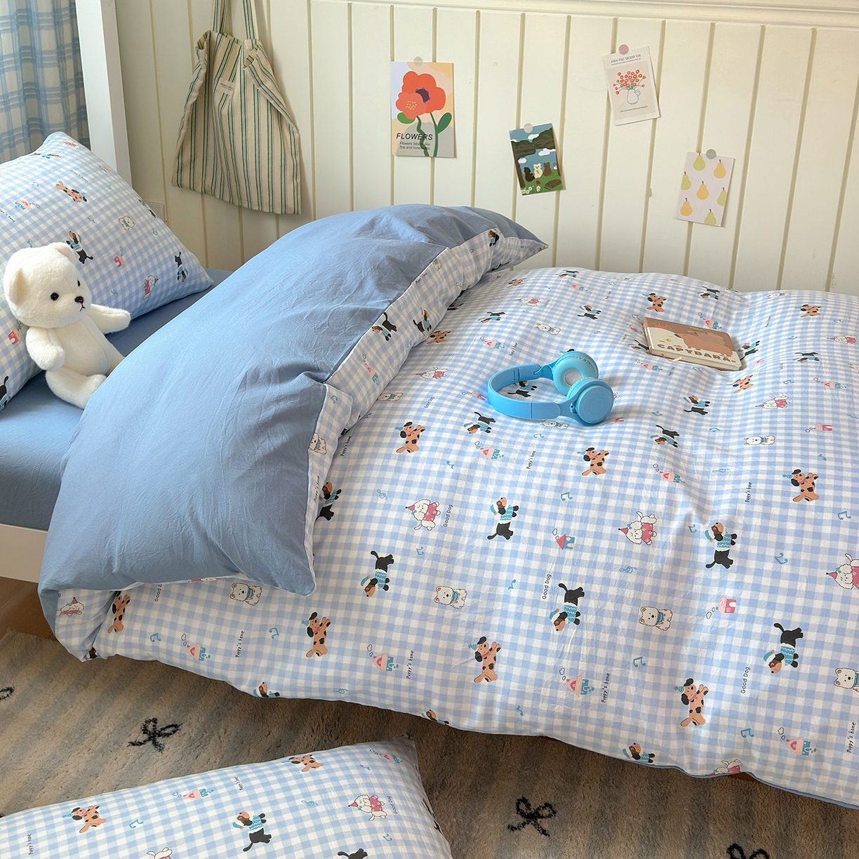 91家纺网 家纺一手货源 找家纺 沐芷 2025 开学季学生宿舍三件套 水洗棉四件套被套床单 汪星蓝町