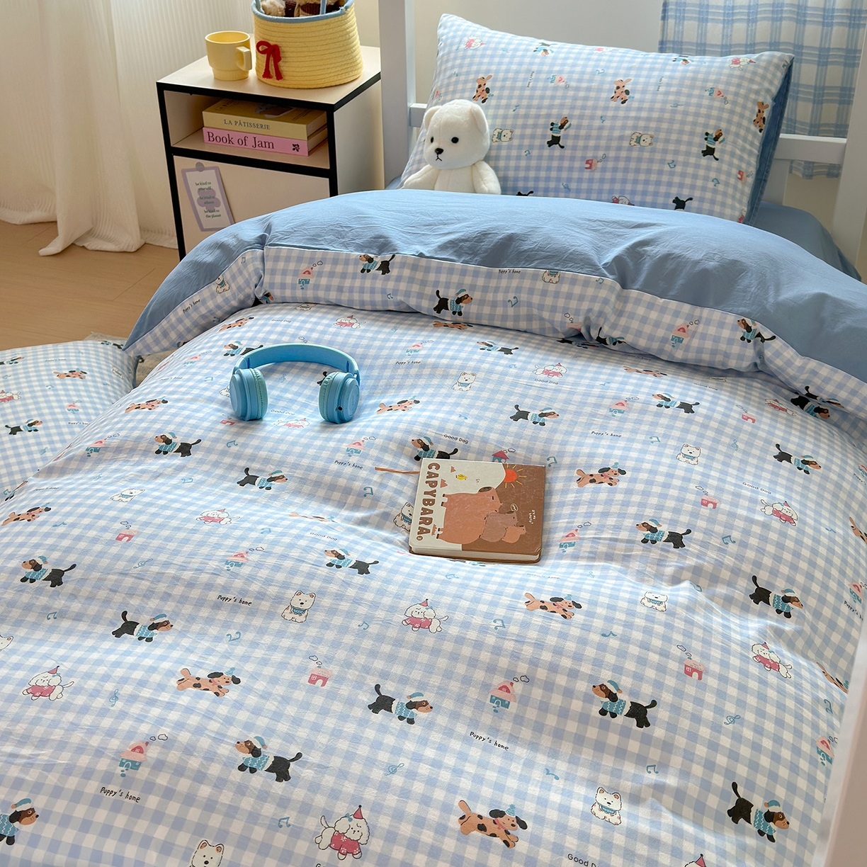 91家纺网 家纺一手货源 找家纺 沐芷 2025 开学季学生宿舍三件套 水洗棉四件套被套床单 汪星蓝町