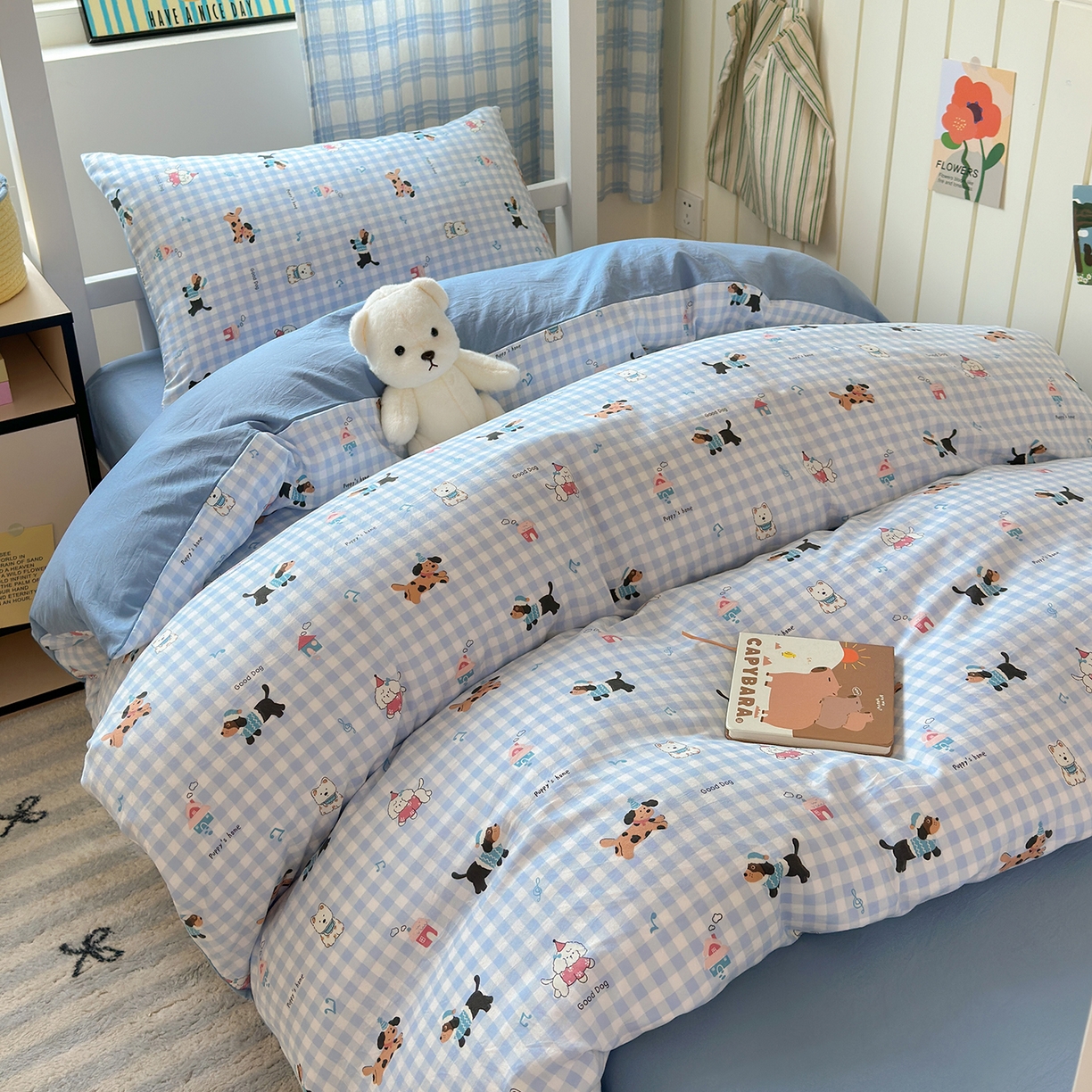 91家纺网 家纺一手货源 找家纺 沐芷 2025 开学季学生宿舍三件套 水洗棉四件套被套床单 汪星蓝町