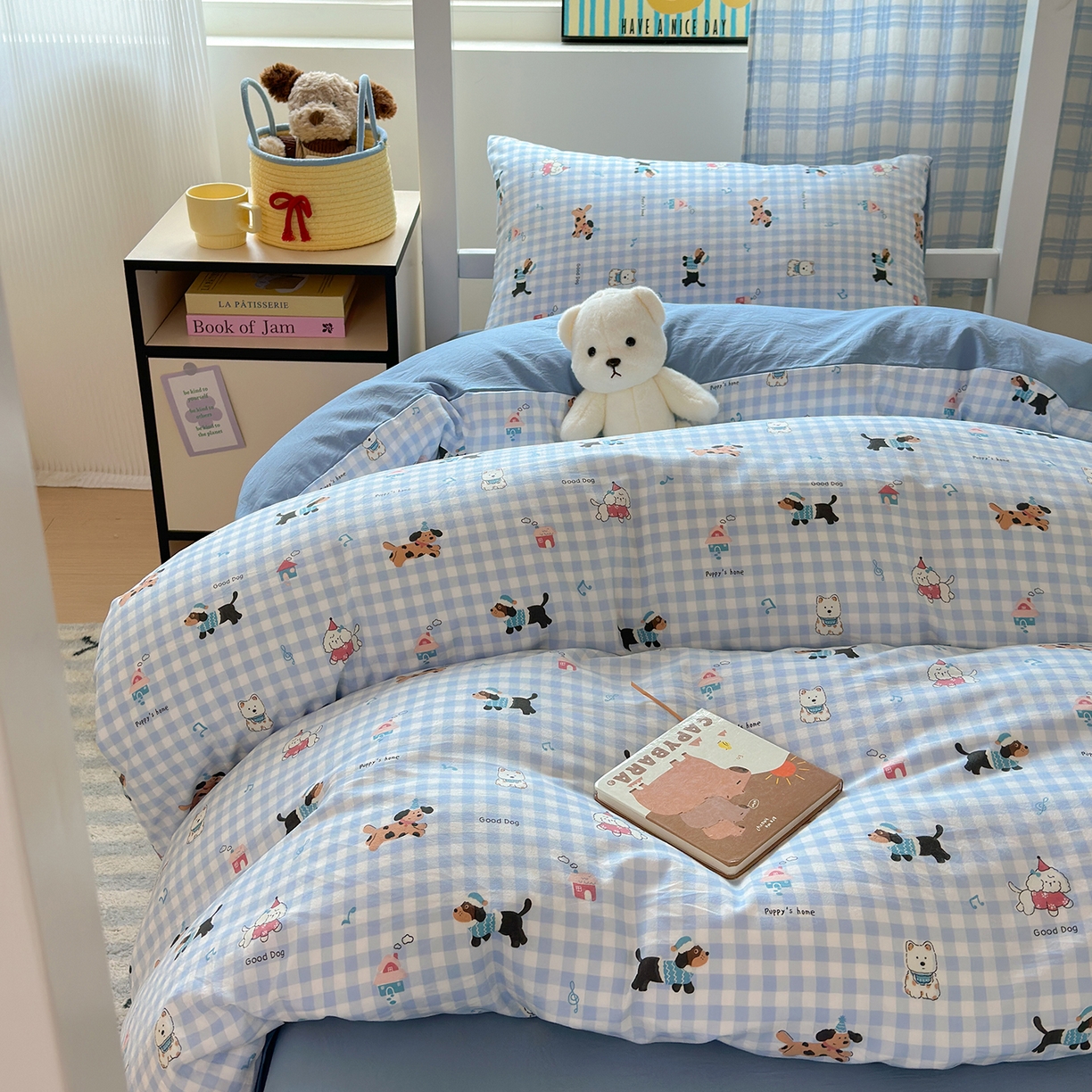 91家纺网 家纺一手货源 找家纺 沐芷 2025 开学季学生宿舍三件套 水洗棉四件套被套床单 汪星蓝町