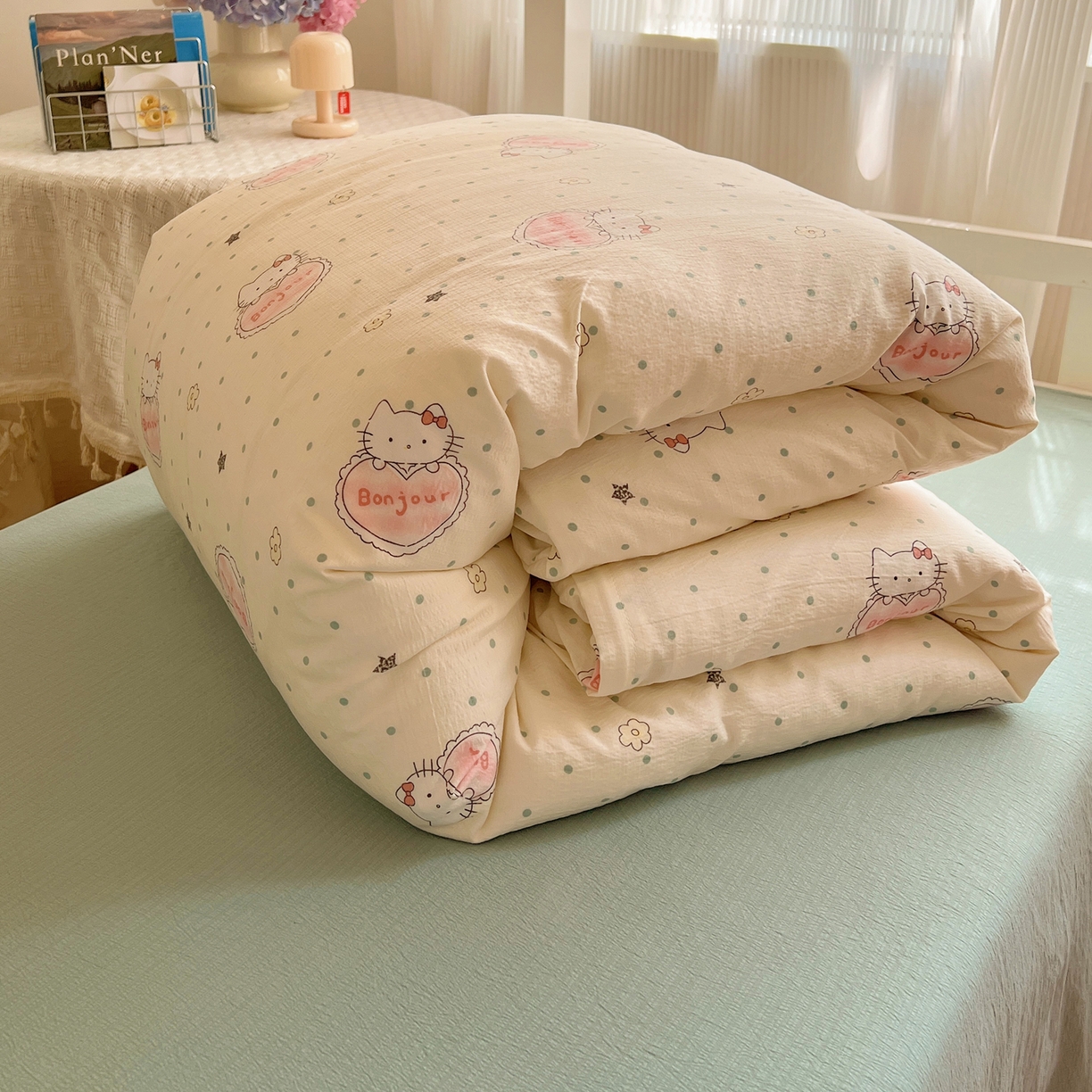 91家纺网 家纺一手货源 找家纺 繁花家居 2025新款木棉爆款学生床三件套四件套跑量款 爱心喵-白