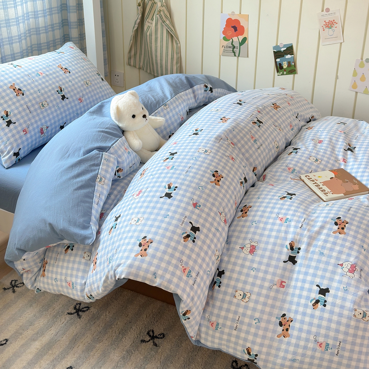 91家纺网 家纺一手货源 找家纺 沐芷 2025 开学季学生宿舍三件套 水洗棉四件套被套床单 汪星蓝町