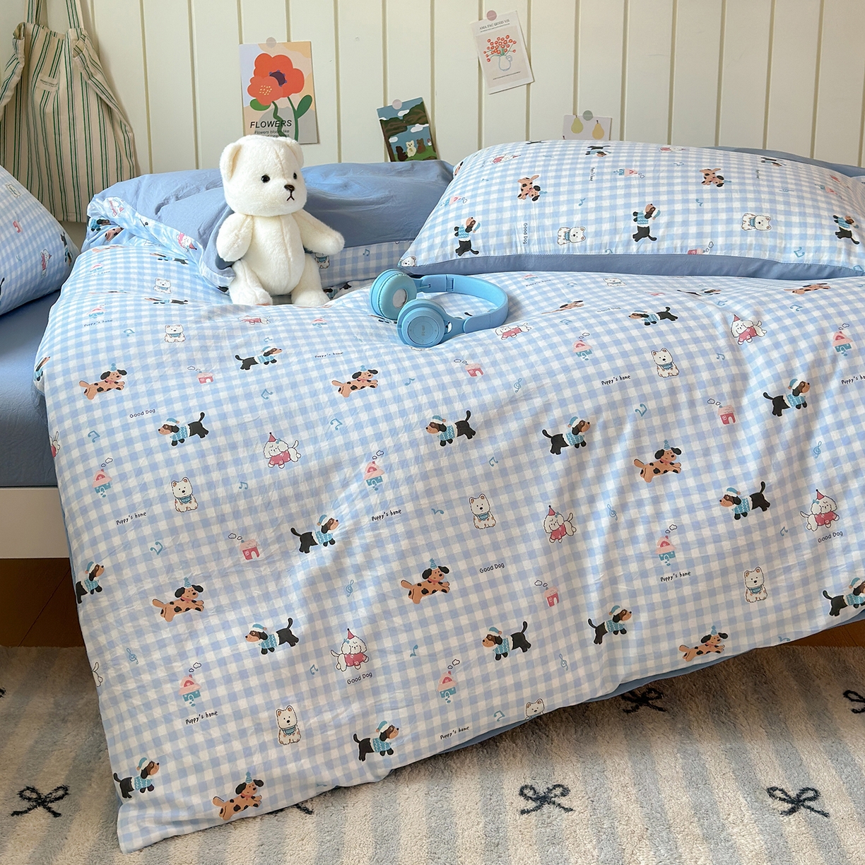 91家纺网 家纺一手货源 找家纺 沐芷 2025 开学季学生宿舍三件套 水洗棉四件套被套床单 汪星蓝町