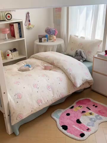 91家纺网 家纺一手货源 找家纺 繁花家居 2025新款木棉爆款学生床三件套四件套跑量款 爱心喵-白