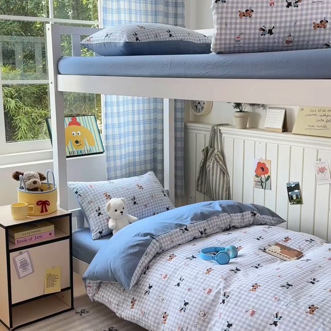 91家纺网 家纺一手货源 找家纺 沐芷 2025 开学季学生宿舍三件套 水洗棉四件套被套床单 汪星蓝町