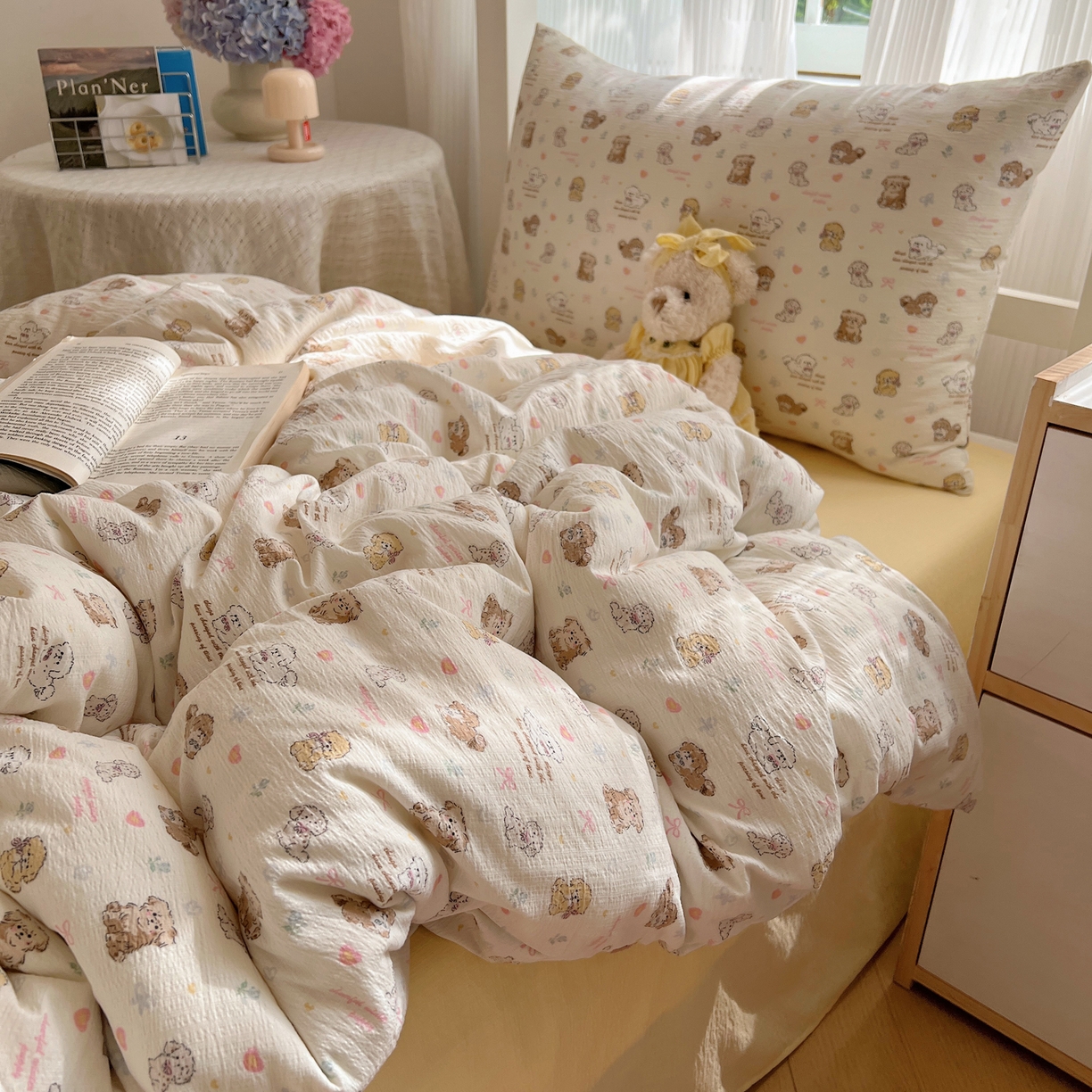 91家纺网 家纺一手货源 找家纺 繁花家居 2025新款木棉爆款学生床三件套四件套跑量款 狗狗家族