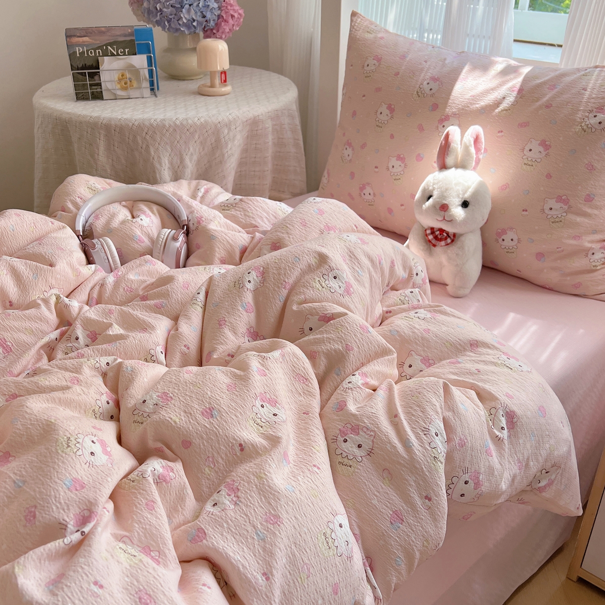 91家纺网 家纺一手货源 找家纺 繁花家居 2025新款木棉爆款学生床三件套四件套跑量款 甜筒小喵-粉