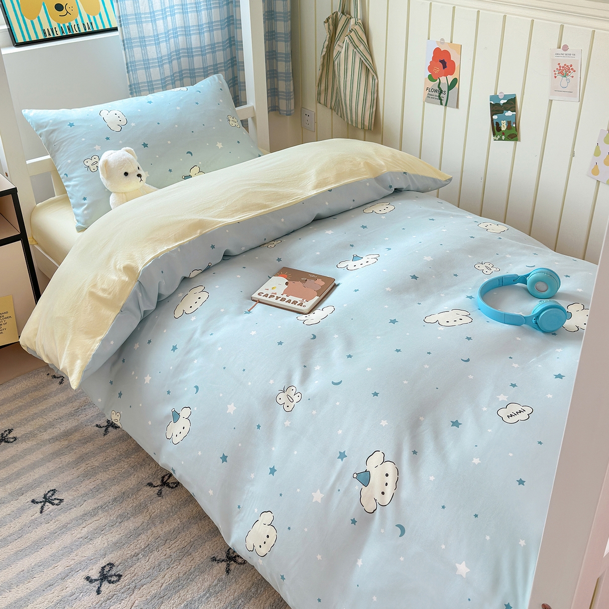 91家纺网 家纺一手货源 找家纺 沐芷 2025 开学季学生宿舍三件套 水洗棉四件套被套床单 星空狗