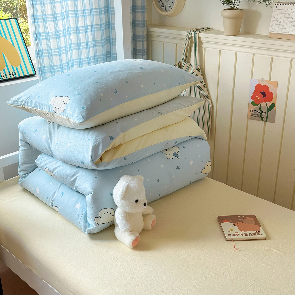 91家纺网 家纺一手货源 找家纺 沐芷 2025 开学季学生宿舍三件套 水洗棉四件套被套床单 星空狗