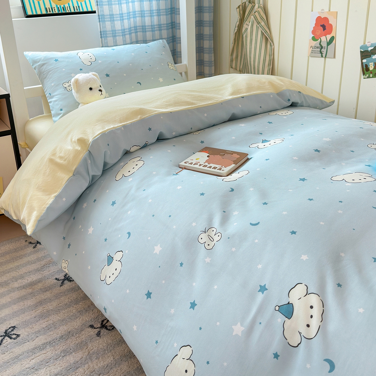 91家纺网 家纺一手货源 找家纺 沐芷 2025 开学季学生宿舍三件套 水洗棉四件套被套床单 星空狗