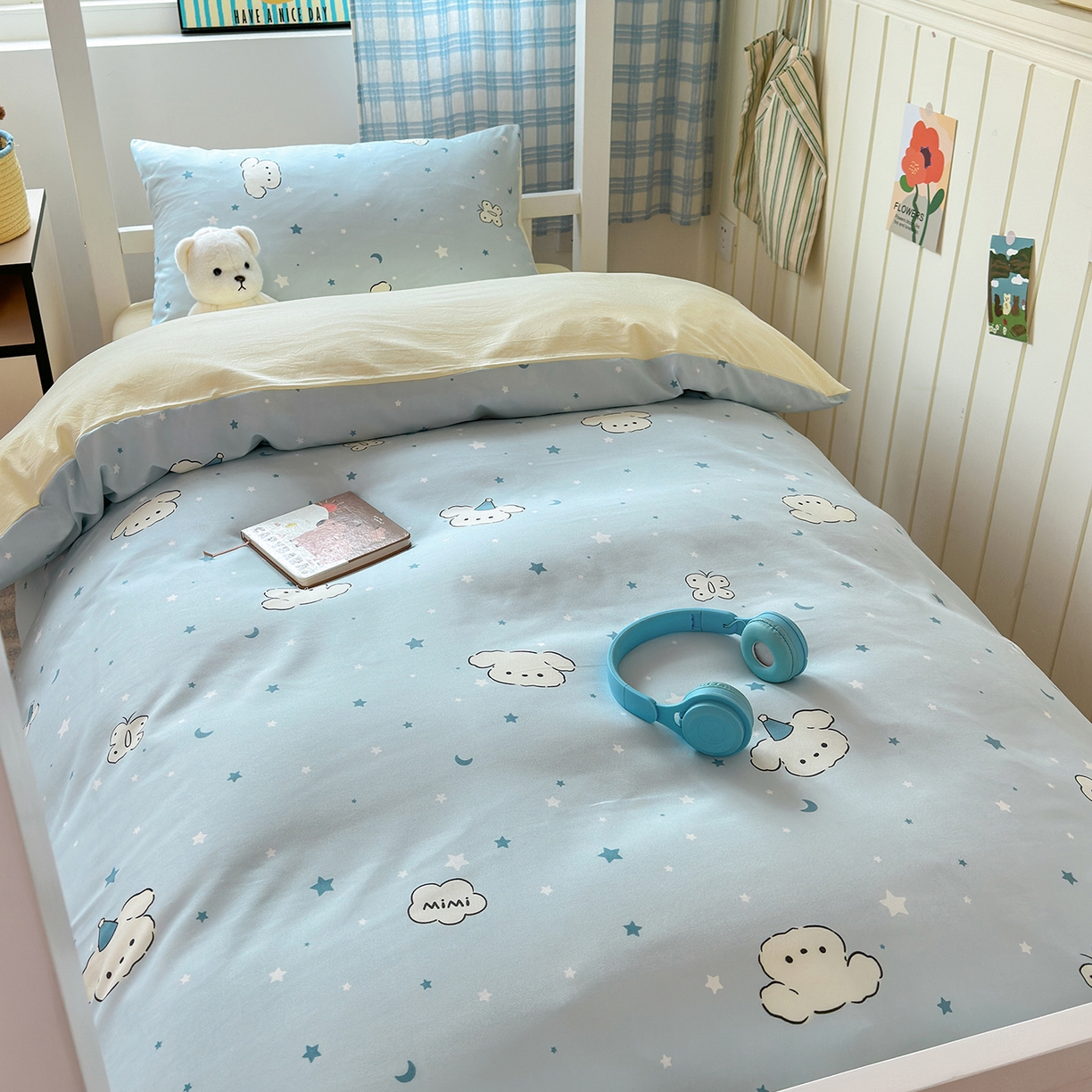 91家纺网 家纺一手货源 找家纺 沐芷 2025 开学季学生宿舍三件套 水洗棉四件套被套床单 星空狗