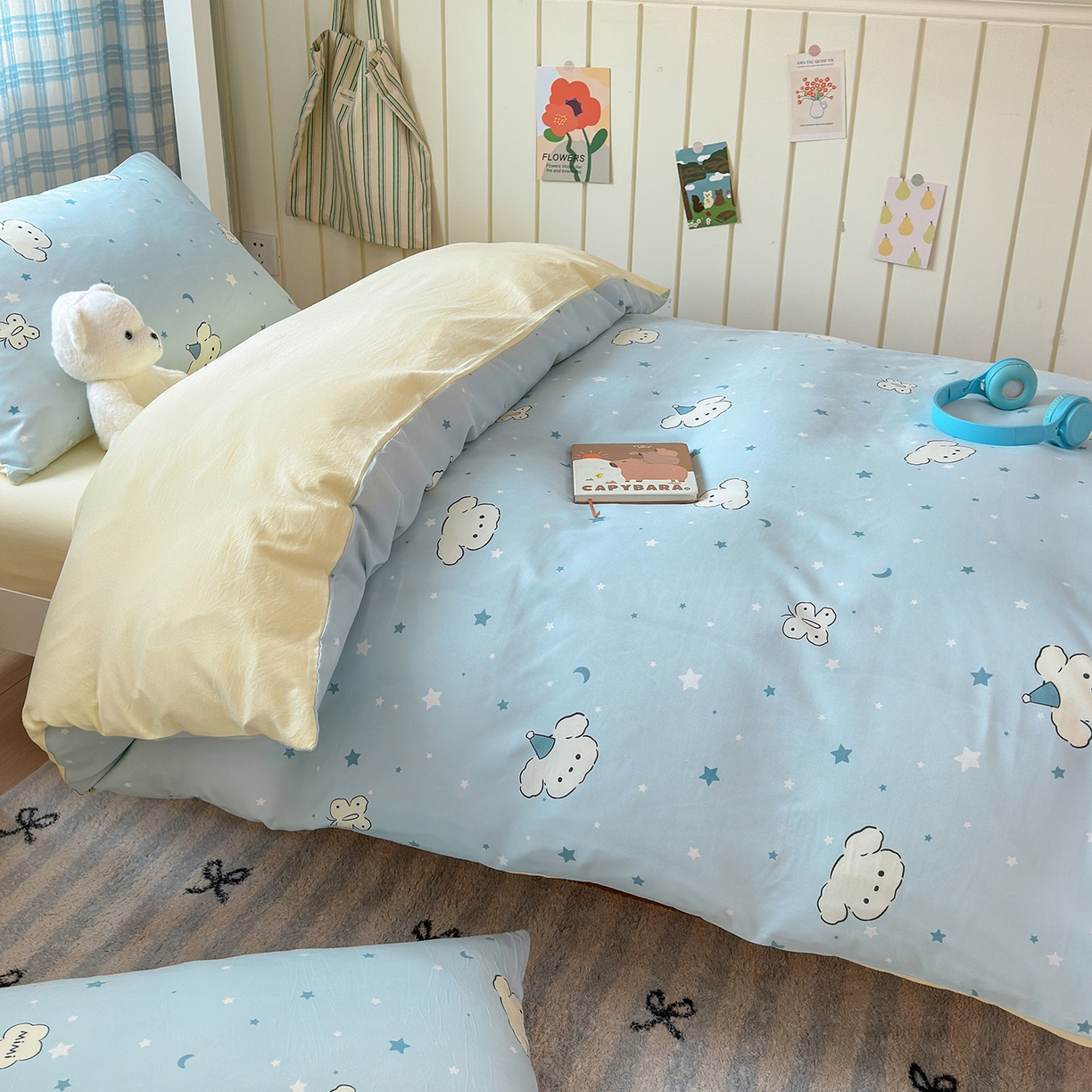 91家纺网 家纺一手货源 找家纺 沐芷 2025 开学季学生宿舍三件套 水洗棉四件套被套床单 星空狗