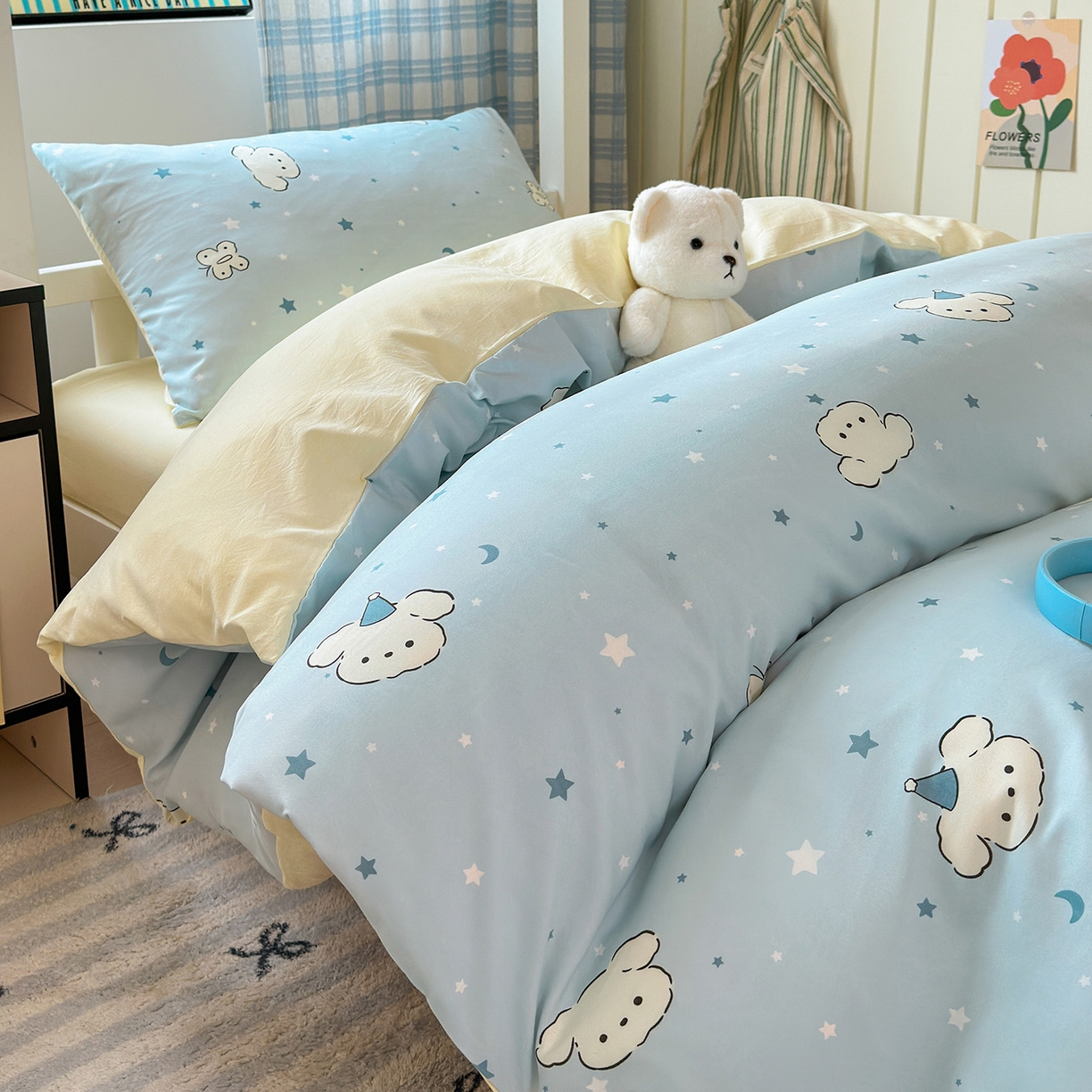 91家纺网 家纺一手货源 找家纺 沐芷 2025 开学季学生宿舍三件套 水洗棉四件套被套床单 星空狗