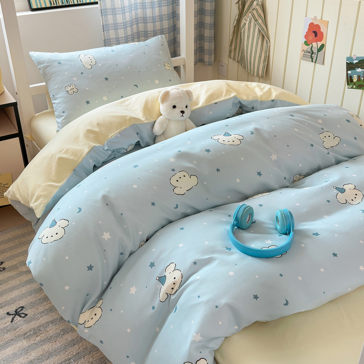 91家纺网 家纺一手货源 找家纺 沐芷 2025 开学季学生宿舍三件套 水洗棉四件套被套床单 星空狗