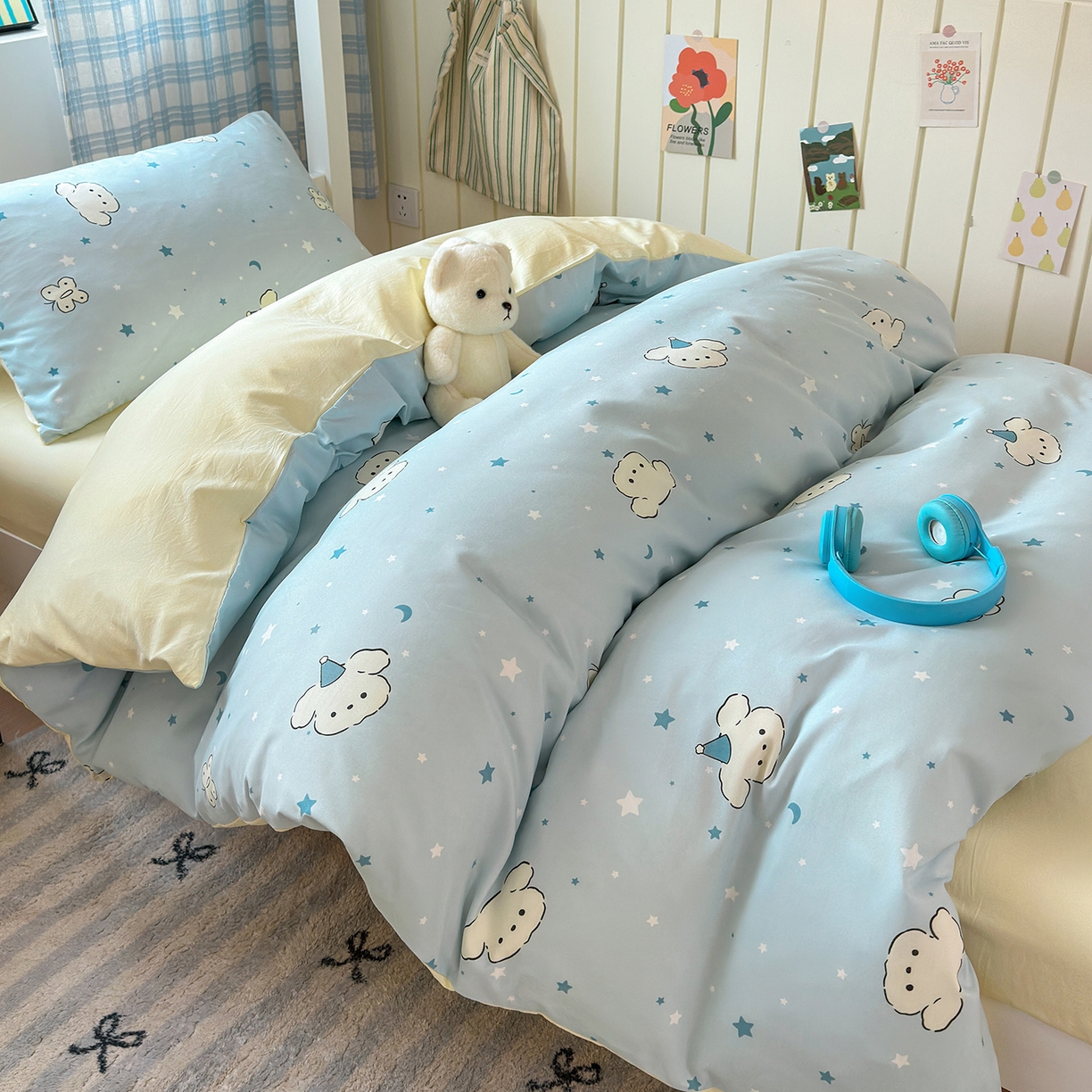 91家纺网 家纺一手货源 找家纺 沐芷 2025 开学季学生宿舍三件套 水洗棉四件套被套床单 星空狗