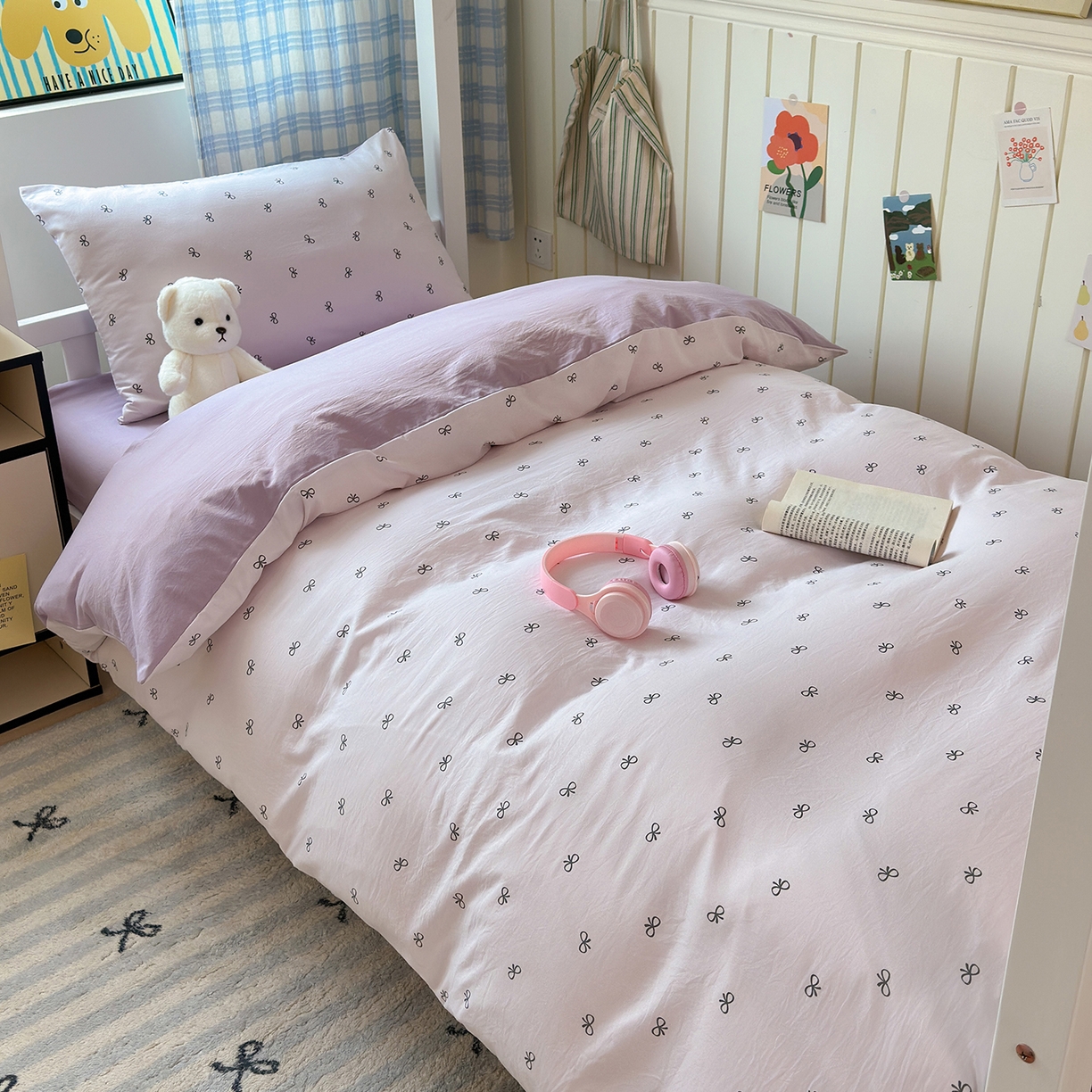 91家纺网 家纺一手货源 找家纺 沐芷 2025 开学季学生宿舍三件套 水洗棉四件套被套床单 紫色蝴蝶结