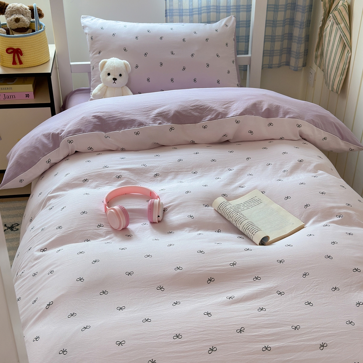 91家纺网 家纺一手货源 找家纺 沐芷 2025 开学季学生宿舍三件套 水洗棉四件套被套床单 紫色蝴蝶结