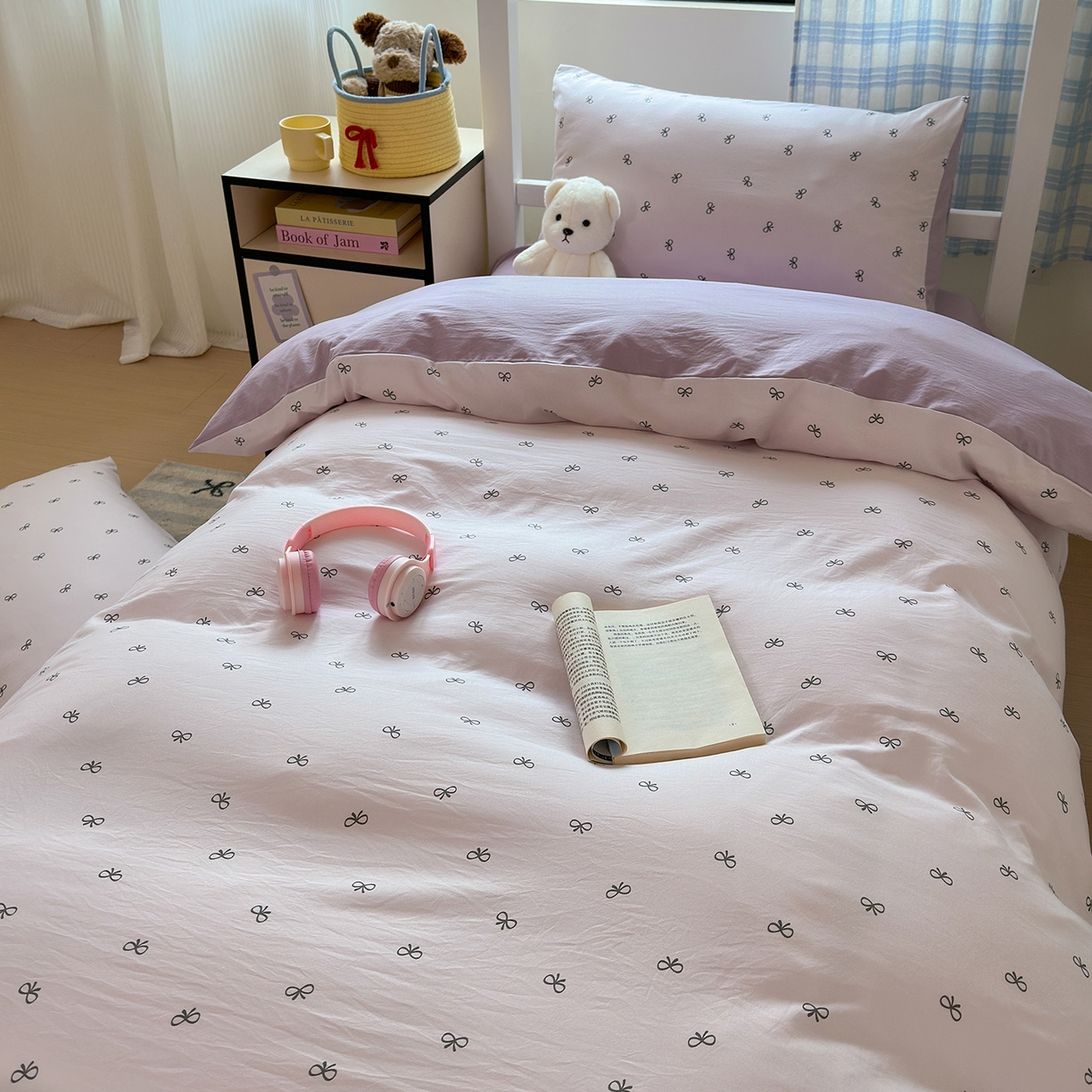 91家纺网 家纺一手货源 找家纺 沐芷 2025 开学季学生宿舍三件套 水洗棉四件套被套床单 紫色蝴蝶结