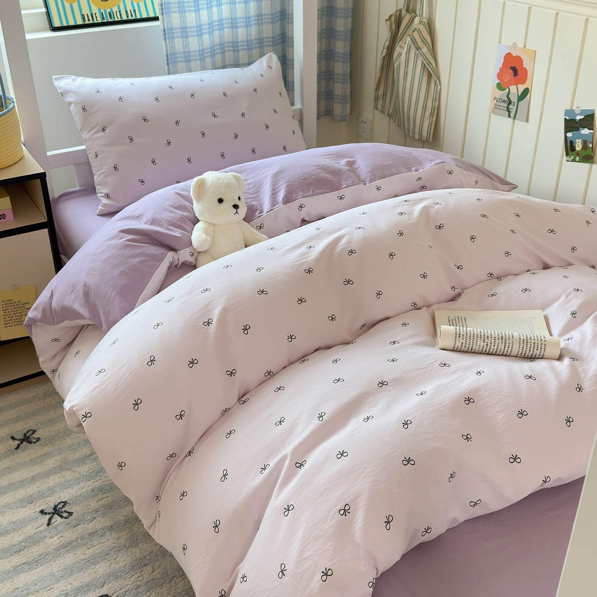 91家纺网 家纺一手货源 找家纺 沐芷 2025 开学季学生宿舍三件套 水洗棉四件套被套床单 紫色蝴蝶结