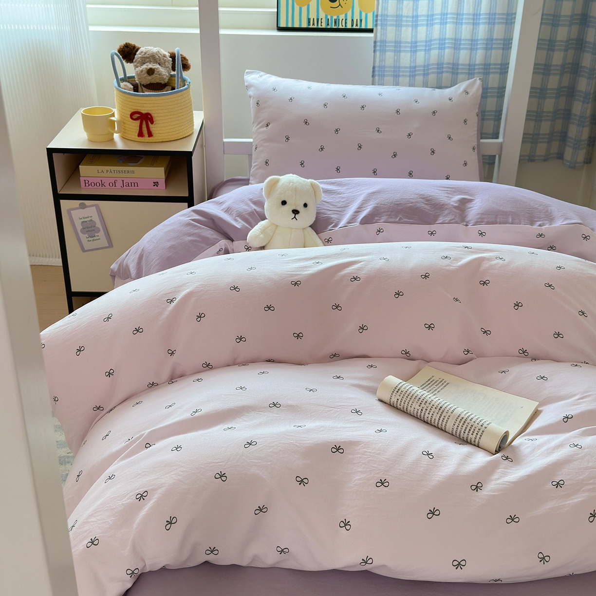 91家纺网 家纺一手货源 找家纺 沐芷 2025 开学季学生宿舍三件套 水洗棉四件套被套床单 紫色蝴蝶结