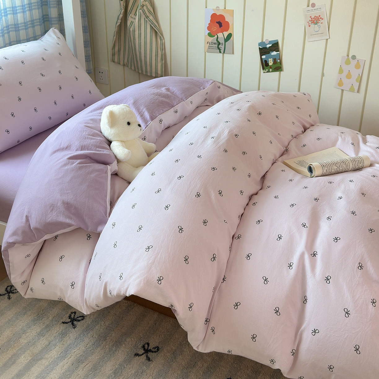 91家纺网 家纺一手货源 找家纺 沐芷 2025 开学季学生宿舍三件套 水洗棉四件套被套床单 紫色蝴蝶结