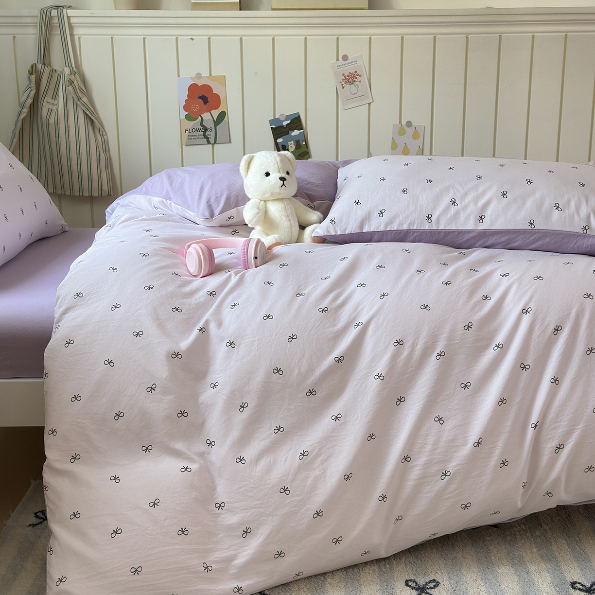 91家纺网 家纺一手货源 找家纺 沐芷 2025 开学季学生宿舍三件套 水洗棉四件套被套床单 紫色蝴蝶结