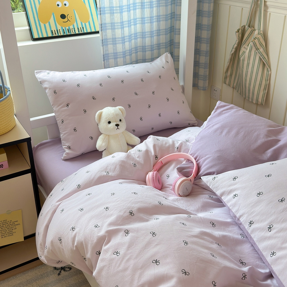 91家纺网 家纺一手货源 找家纺 沐芷 2025 开学季学生宿舍三件套 水洗棉四件套被套床单 紫色蝴蝶结