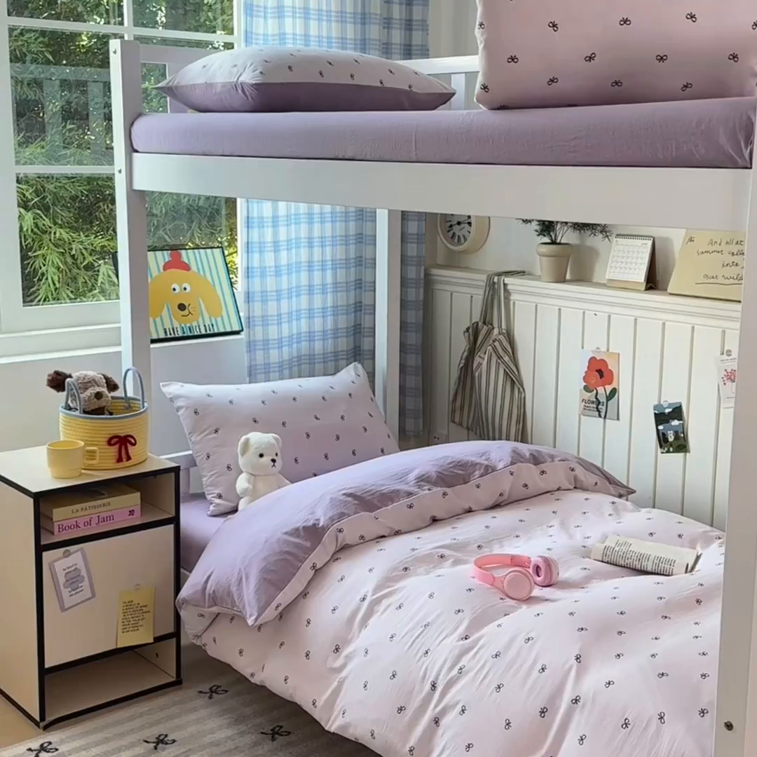 91家纺网 家纺一手货源 找家纺 沐芷 2025 开学季学生宿舍三件套 水洗棉四件套被套床单 紫色蝴蝶结