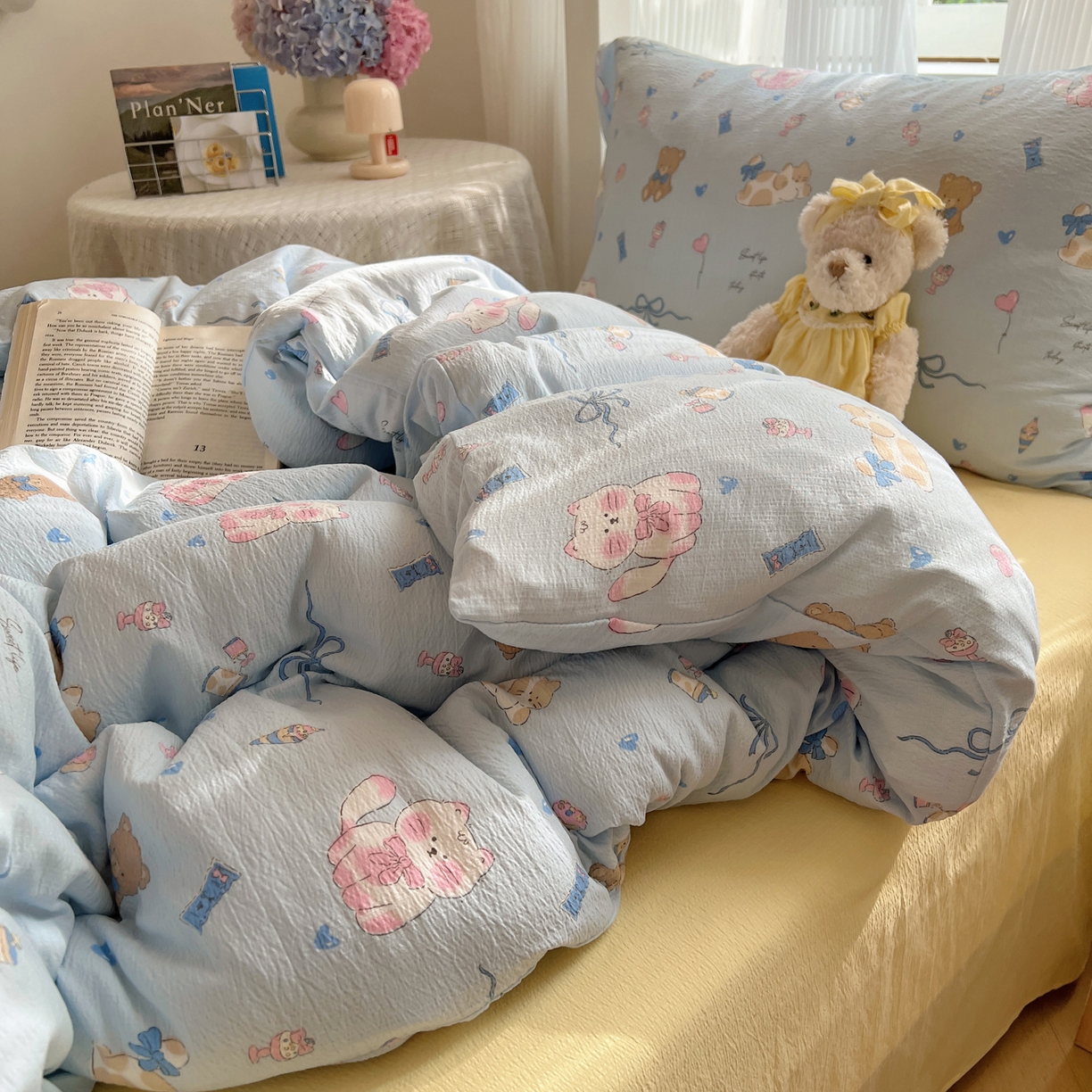 91家纺网 家纺一手货源 找家纺 繁花家居 2025新款木棉爆款学生床三件套四件套跑量款 小猫时光-蓝